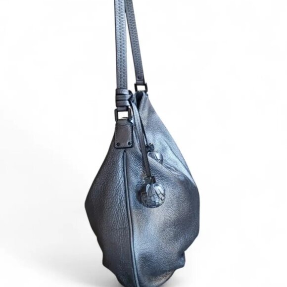 Tory Burch Thea Hobo Shoulder Bag – Metallic Pewter Pebbled Leather with Pom Pom - Picture 7 of 13